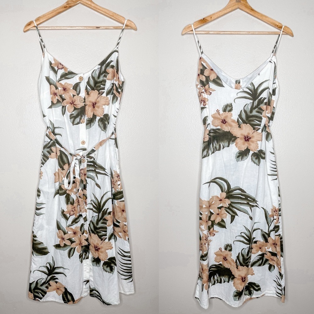 MNG | Linen /‎ Cotton Blend Button Front Hawaiian Print Mini Dress